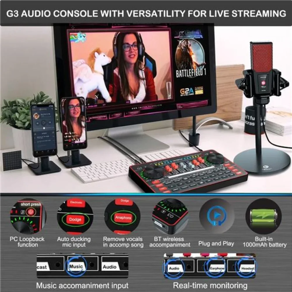 Podcast Microphone SoundCard Kit,Professional Studio Condenser Mic&G3 Live Sound